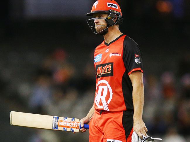 MELBOURNE, AUSTRALIA - DECEMBER 20: Cameron White of the Renegades look dejected after being bowled during the Big Bash League match between the Melbourne Renegades and the Perth Scorchers at Marvel Stadium on December 20, 2018 in Melbourne, Australia. (Photo by Michael Dodge/Getty Images)