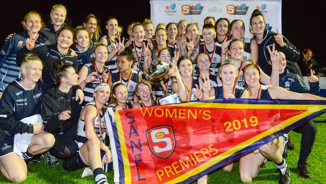 South Adelaide players celebrate after winning the 2019 SANFLW grand final at Glenelg Oval on Sunday. The Panthers beat North Adelaide by 22 points to claim back-to-back flags. Picture: AAP/Brenton Edwards