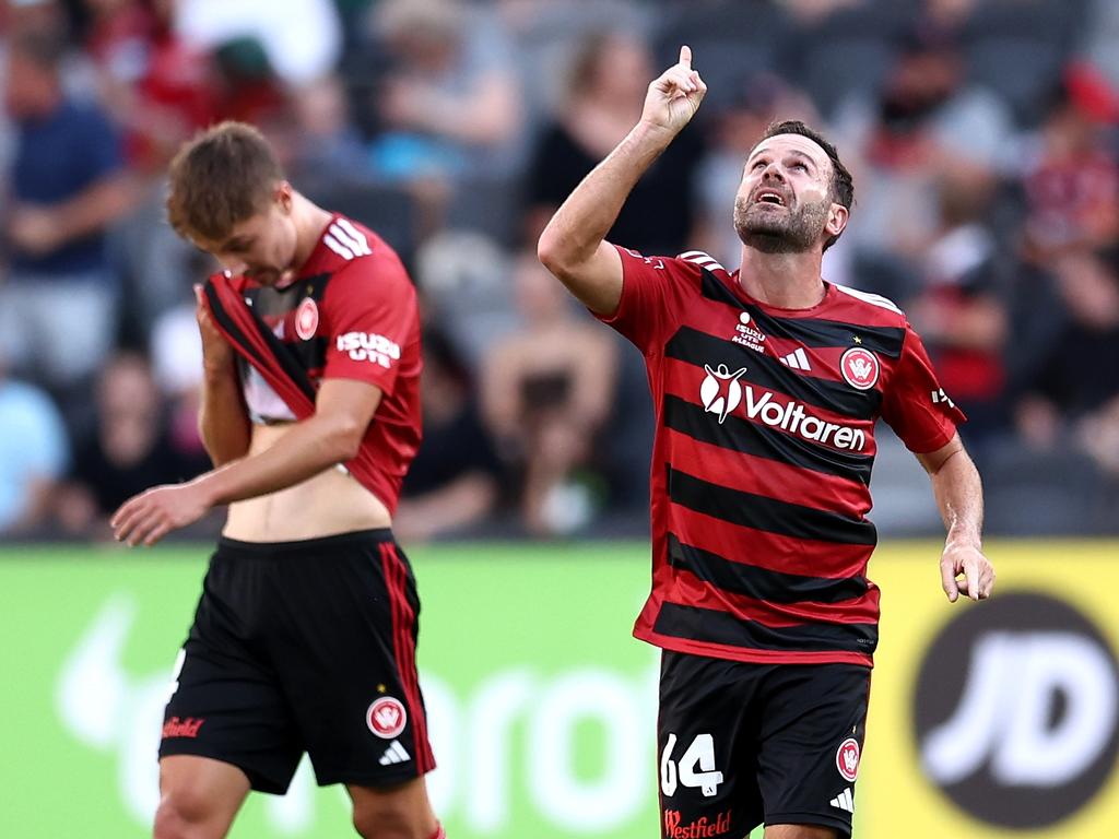 Juan Mata of the Wanderers celebrates scoring a goal during the round 11 A-League Men match between Western Sydney Wanderers and Macarthur FC. Picture: Getty Images