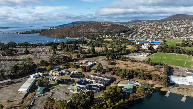 Aerial view of the Selfs Point wastewater treatment plant in Hobart. Picture: TasWater