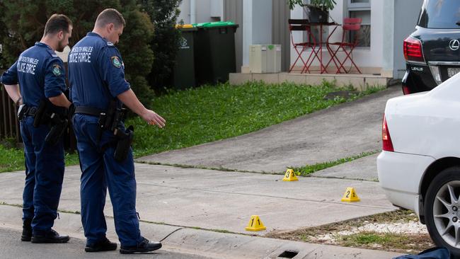 Police and forensic units at the scene where a child has died after being struck by a car at Villawood on Saturday. Picture: NewsWire / Monique Harmer