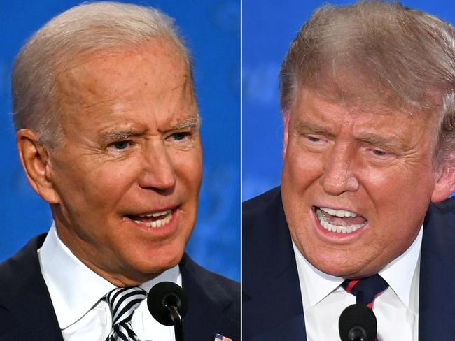 (FILES)(COMBO) In this file combination of pictures created on September 29, 2020 Democratic Presidential candidate and former US Vice President Joe Biden (L) and US President Donald Trump speak during the first presidential debate at the Case Western Reserve University and Cleveland Clinic in Cleveland, Ohio. - President Donald Trump will feature in a televised town hall October 15, 2020 on NBC News, the network said, setting up a direct scheduling clash with rival Joe Biden who had already planned his own version. The two were originally meant to have been meeting for their second debate on Thursday evening. Instead, they will be simultaneously, but separately, talking to voters in TV studios -- NBC for Trump and ABC for Biden. (Photos by JIM WATSON and SAUL LOEB / AFP)