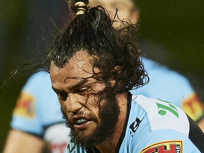 SYDNEY, AUSTRALIA - MARCH 21: Toby Rudolf of the Sharks is tackled during the round two NRL match between the Cronulla Sharks and the Canberra Raiders at Netstrata Jubilee Stadium, on March 21, 2021, in Sydney, Australia. (Photo by Brett Hemmings/Getty Images)