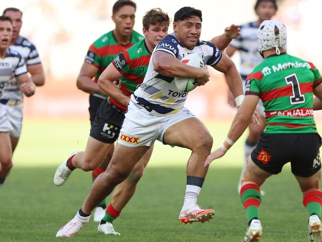 PERTH, AUSTRALIA - APRIL 12: Jason Taumalolo of the Cowboys runs the ball during the round six NRL match between South Sydney Rabbitohs and North Queensland Cowboys at Perth Stadium, on April 12, 2025, in Perth, Australia. (Photo by Janelle St Pierre/Getty Images)
