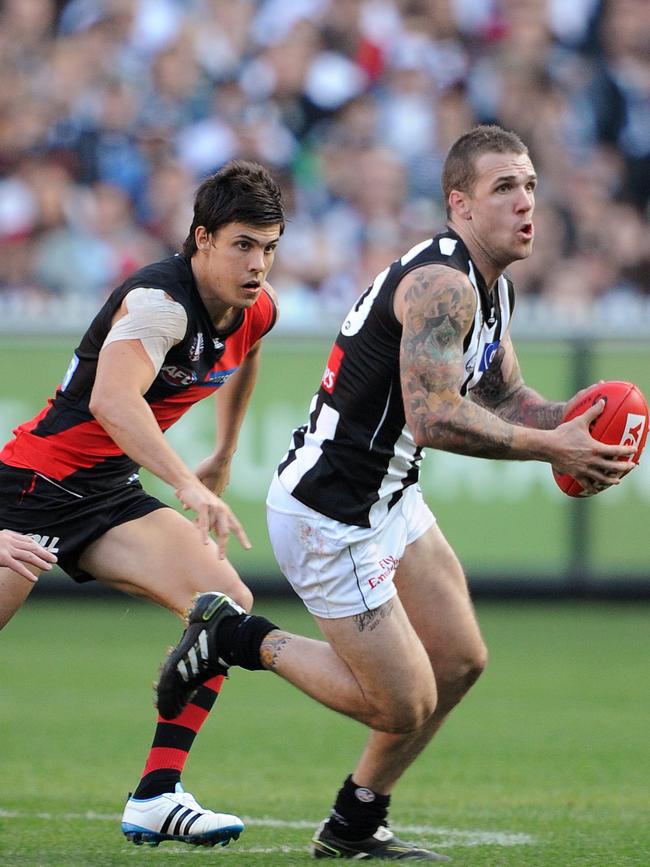 Dane Swan playing against the Bombers in the 2011 Anzac Day match.