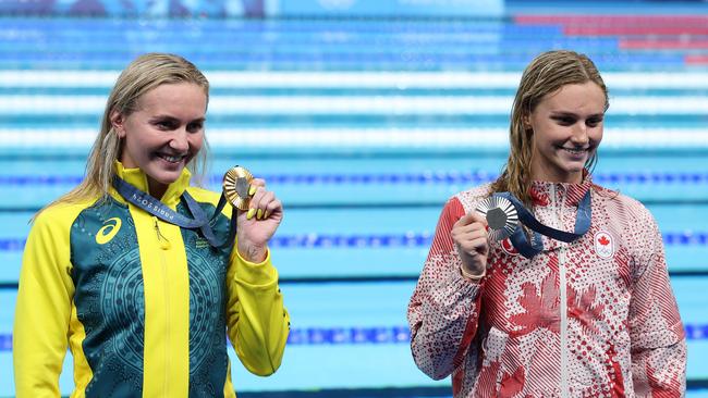 Gold Medalist, Ariarne Titmus and Silver Medalist, Summer McIntosh of Team Canada pose with their medals following the Medal Ceremony after the Women's 400m Freestyle Final at the Olympic Games Paris 2024. Photo by Sarah Stier/Getty Images