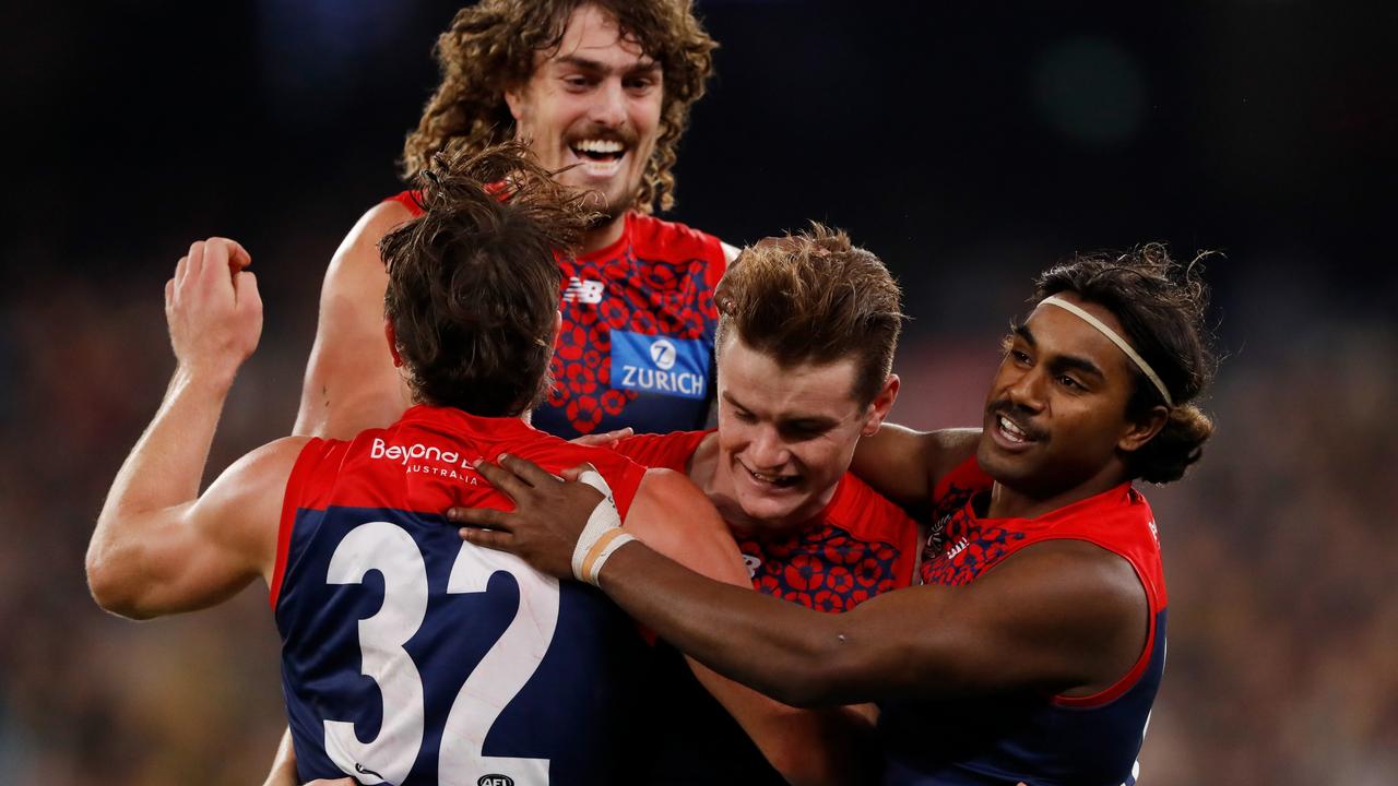 Bayley Fritsch celebrates a goal with Tom Sparrow, Kysaiah Pickett and Luke Jackson last weekend. Fritsch is the only player of the quartet playing this weekend. Picture: Dylan Burns/AFL Photos via Getty Images