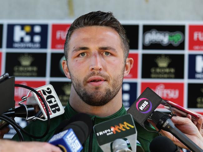 South Sydney's Sam Burgess fronted the media in a tense press conference.