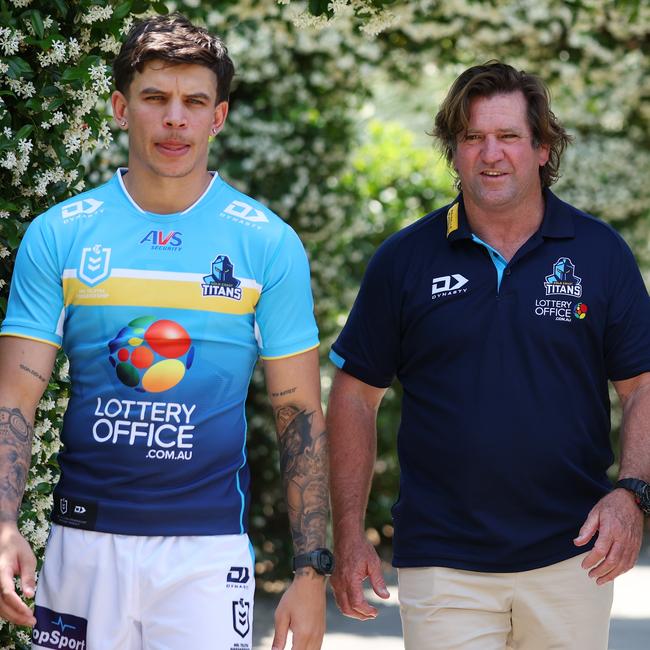 Jayden Campbell and Titans coach Des Hasler. Picture: Chris Hyde/Getty Images