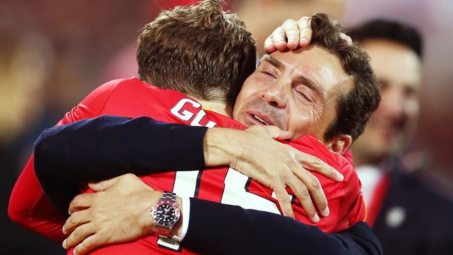 Adelaide United coach Guillermo Amor celebrates with Craig Goodwin after the Reds won the A-League grand final. Picture: Morne de Klerk (Getty Images)