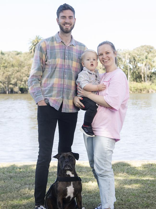 Alysha Maybury and her husband Samuel and their one-year-old son Parker and dog, Baxter. Picture: Nic Walker