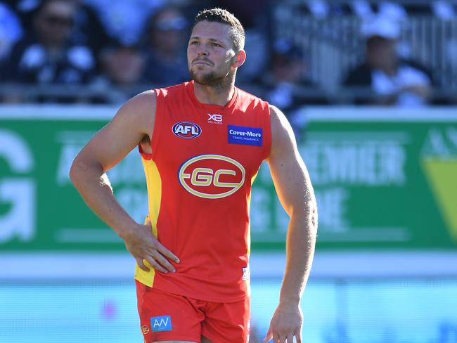 Steven May of the Suns is seen during the Round 23 AFL match between the Geelong Cats and the Gold Coast Suns at GMHBA Stadium in Geelong, Saturday, August 25, 2018. (AAP Image/Julian Smith) NO ARCHIVING, EDITORIAL USE ONLY