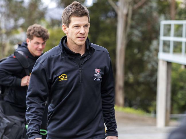 Tim Paine leaves Queenborough Oval after Saturday’s play was called off. Picture: Chris Kidd