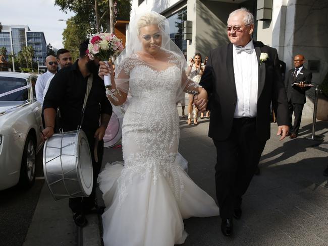 Bride Rachel Carter arrives at the wedding. Picture: David Swift