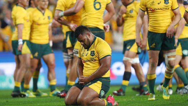 Taniela Tupou prays after a Wallabies victory. Picture: Getty