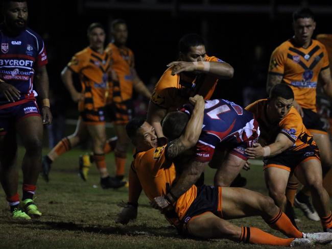Israel Folau makes his Rugby League Gold Coast debut for Southport Tigers against defending champions Runaway Bay at Owen Park, Southport. Pic Mike Batterham