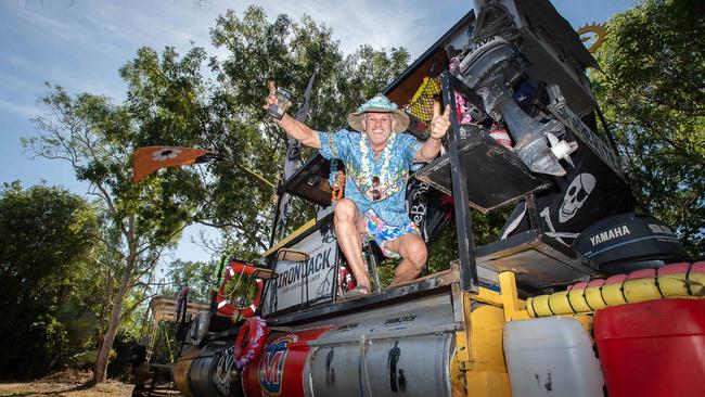 Drew Mcaliece with his boat SheBeRite Reigning novelty boat champion of the Darwin Lions Beer Can Regatta at Virginia, NT. Picture: Pema Tamang Pakhrin