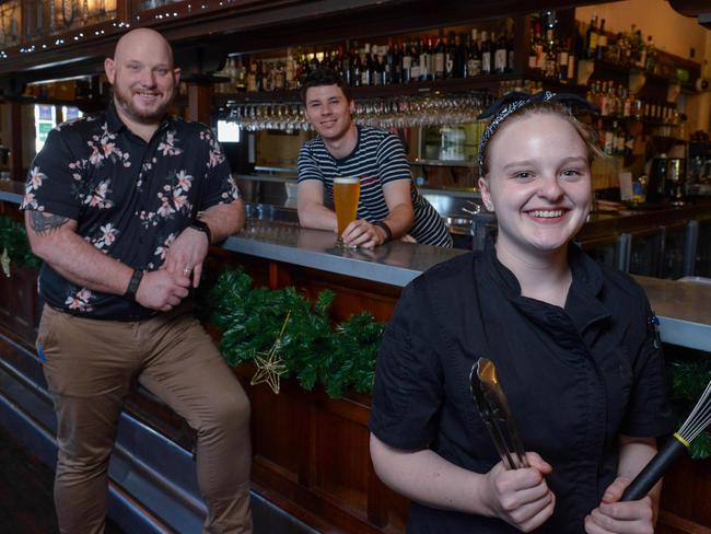 The Mile End Hotel’s duty manager Gerry Ebert, front of house trainee Flynn Lauritsen and 4th year apprentice chef Georgia Salisbury. Picture: Brenton Edwards