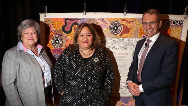 Rio Tinto’s Joanne Farrell, Referendum Council member Megan Davis and BHP CEO Andrew Mackenzie. Picture: Colin Murty