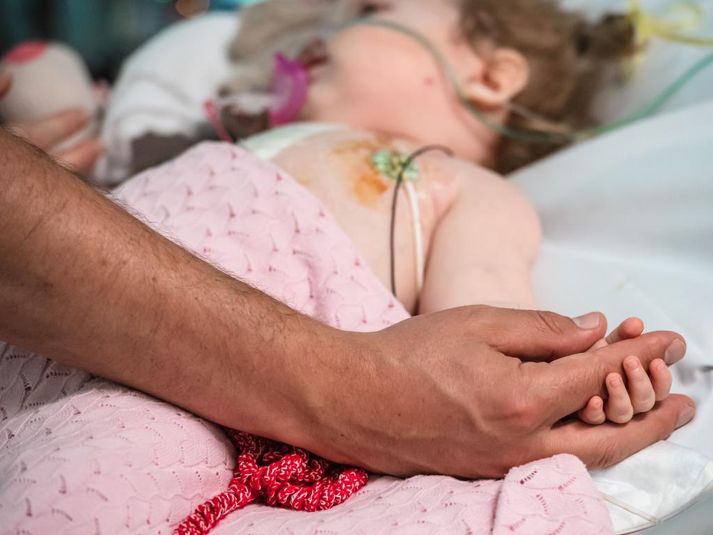 Heart transplant recipient Ellie Martin waking after her lifesaving surgery at the Royal Childrens Hospital. Picture: Jason Edwards