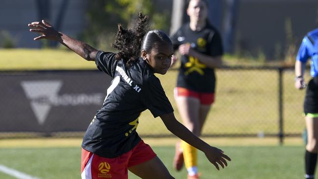 Indigenous Invitational XI midfielder Alisha Mays in action on day one of the Football Australia Girls National Youth Championships. Picture: Mark Avellino Photography