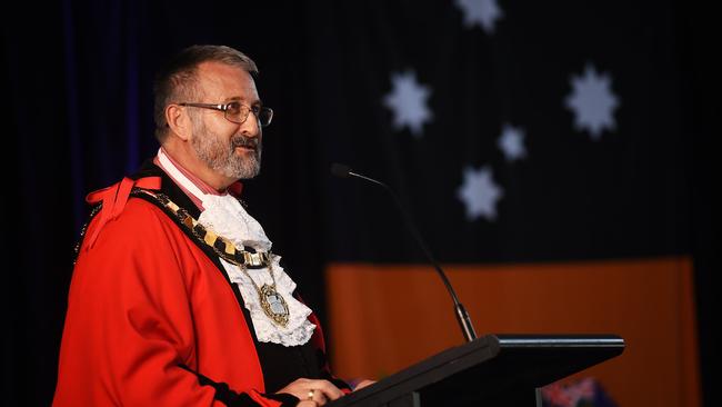 Palmerston Mayor Ian Abbott addresses the audience at the Palmerston Citizenship Ceremony on Australia Day. Picture: JUSTIN KENNEDY