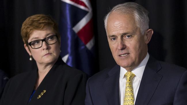 Defence Minister Marise Payne and Prime Minister Malcolm Turnbull at the Australian Defence Force Academy. AFP PHOTO / LAUREN LARKING