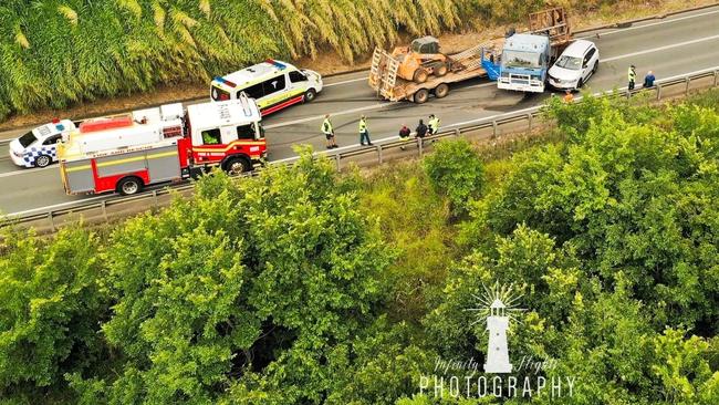 A semi-trailer jackknifed on the Bruce Highway in Gympie leading to serious delayed traffic and spilt fuel. Photo: Infinity Flights Photography.