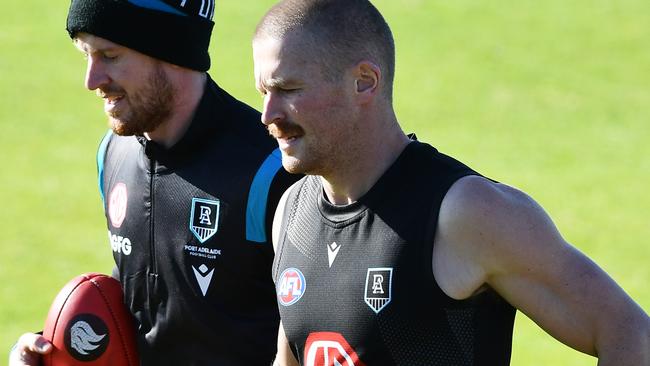 Tom Jonas of Port Adelaide and Tom Clurey of Port Adelaide during the open Port Adelaide training session at Alberton Oval Wednesday,July,13,2022.Picture Mark Brake