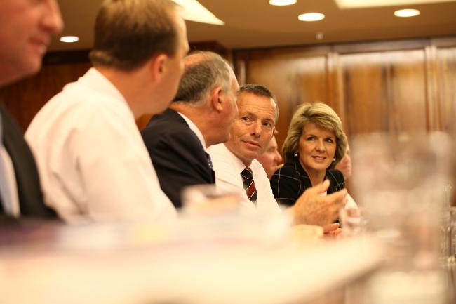 <p> Tony Abbott, with the shadow cabinet in Sydney. Picture: Brianne Makin</p>