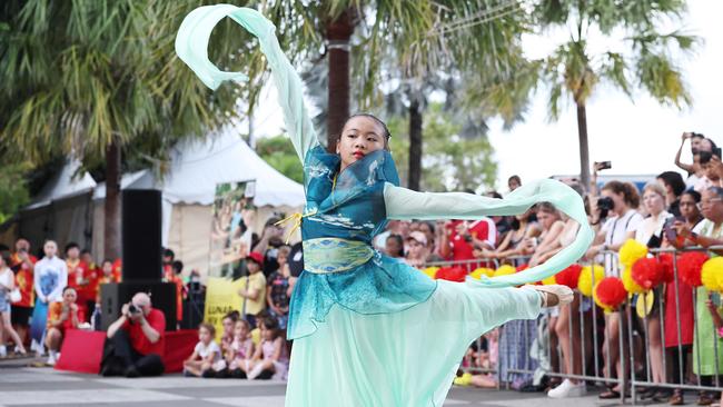 The Cairns and District Chinese Association ended their lunar new year festivities with the CADCAI lantern festival, or Yuan Xiao, at the Cairns Esplanade lagoon forecourt. Jasmine Cho of the Molihau Dancers performed a beautiful dance for the large crowd in attendance at the festival. Picture: Brendan Radke