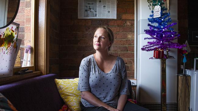 Homeless single mum and domestic violence victim Amanda Bingham in transitional accommodation in Melbourne. Picture: Aaron Francis
