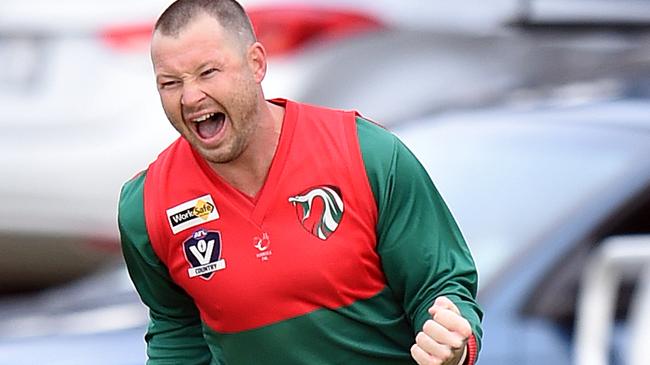 Luke Potts celebrates a goal for Pines. Picture: Jason Sammon