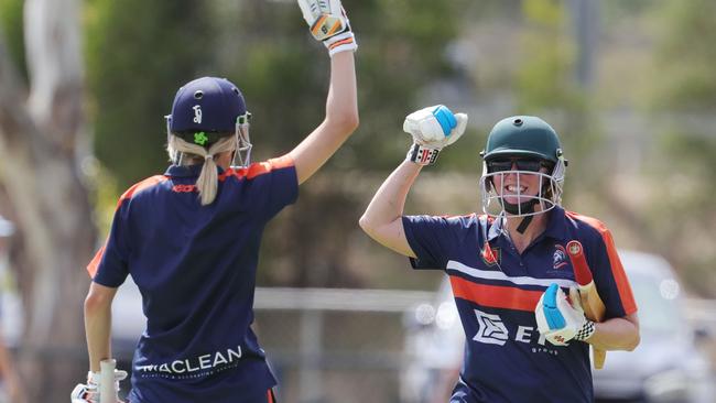 Women's Cricket Grand Finals  - five games are being played within the South Barwon Reserve Precinct.E-grade east: Armstrong Creek v Barwon Heads at South Barwon Reserve 4Ã Armstrong creek batter Elise Lockwood and Erin Lang celebrate a 4 Picture: Mark Wilson