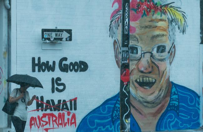 A mural of Prime Minister Scott Morrison appeared briefly in one of Darwin’s most colourful streets. Picture GLENN CAMPBELL