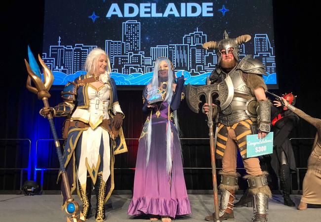 The winners of Supanova 2018's cosplay competition Zaphy Cosplay, Cora Berry and Beardface Props – as Jaina, Azura and Dovahkiin. Picture: Tristan Willes