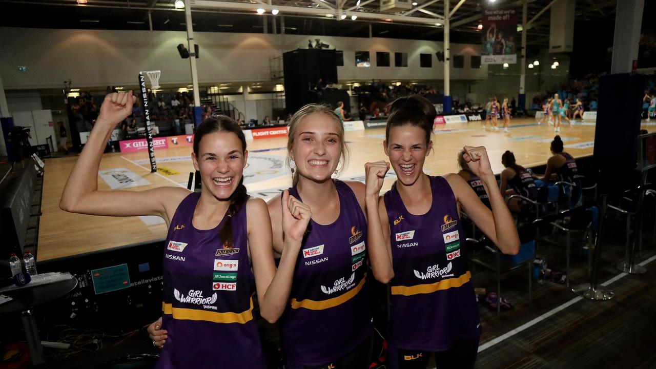 Super Netball game between Firebirds and Vixens at Cairns pop up stadium. Firebirds fans Anessah Oakley from Brinsmead, Charlotte Jonsen from Mooroobool and Samaya Oakley from Brinsmead. PICTURE: STEWART McLEAN