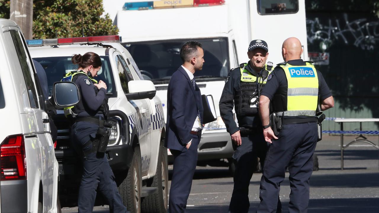 Police at the scene in North Melbourne where a man was found shot dead. Picture: NewsWire/ David Crosling