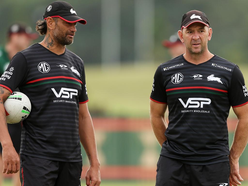 Rabbitohs head coach Jason Demetriou (R) talks to assistant coach John Sutton (L) during a training session earlier this month. Picture: Getty Images