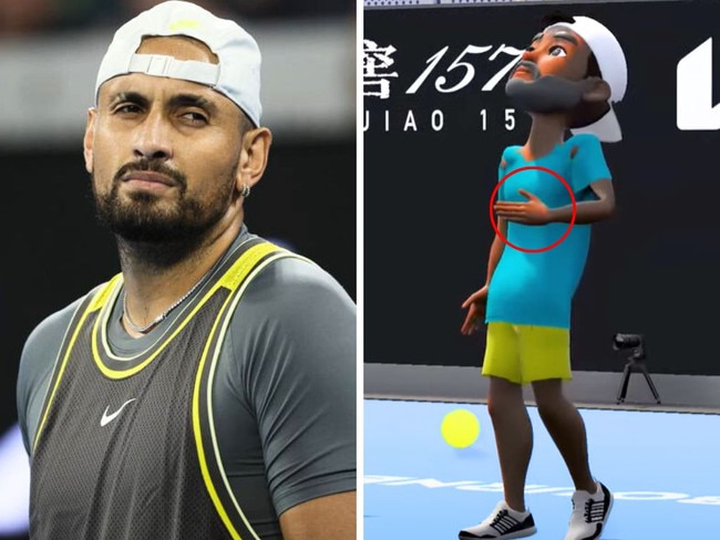 The cartoon version of Nick Kyrgios featured him grasping at his injured ab muscle, however his racquet had disappeared from view. Image: Getty/YouTube