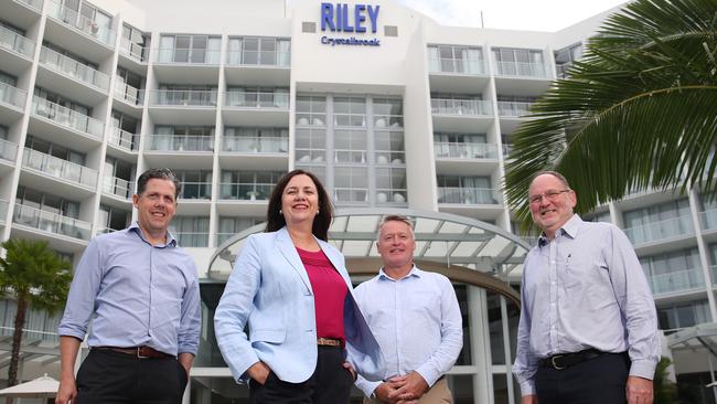 Queensland Premier Annastacia Palaszczuk on a visit to Cairns with Tourism Tropical North Queensland CEO Mark Olsen, Member for Cairns and Assistant Minister for Tourism Michael Healy and Skyrail Rainforest Cableway chairman Ken Chapman. Picture: Brendan Radke