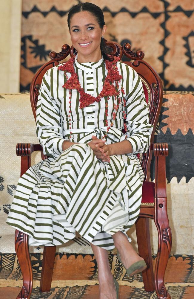 Earlier, the Duchess of Sussex wore a Martin Grant dress teamed with traditional Tongan attire. Picture: AP