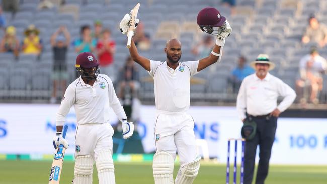 Kraigg Brathwaite celebrates his century. Picture: James Worsfold/Getty Images