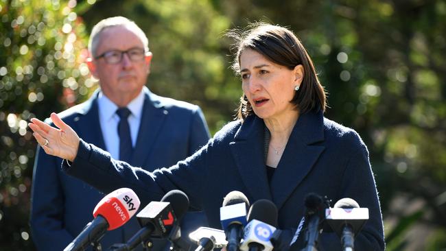 NSW Premier Gladys Berejiklian (right) and NSW Health Minister Brad Hazzard during a press conference at Parliament House in Sydney. Picture: NCA NewsWire/Joel Carrett