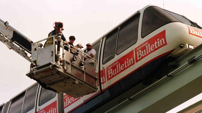 June 1998: Firefighters tested their $1.2 million telescopic ladder with the Broadbeach Monorail.