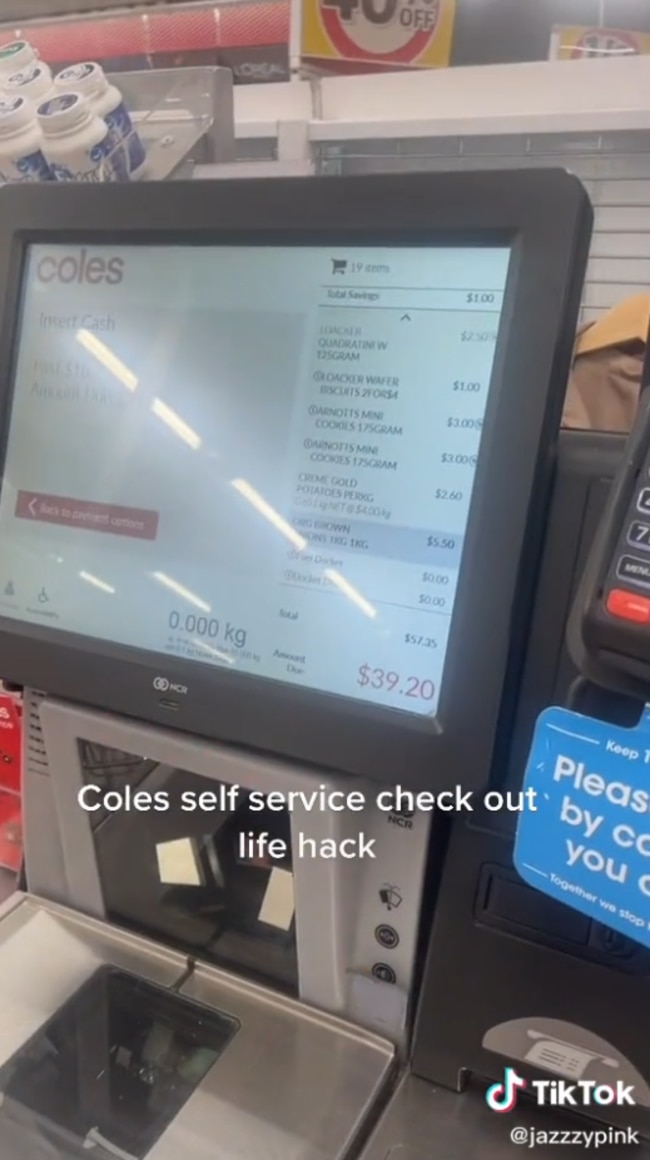 But Coles has warned against the ‘hack’, saying it can risk jamming the machines if too many coins are inserted at a time. Picture: TikTok