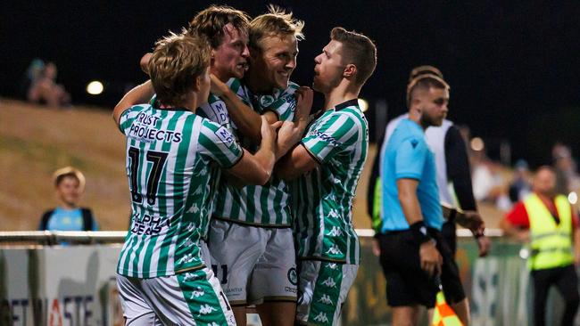 Green Gully celebrates a goal against Melbourne Knights. Picture: Mark Avellino