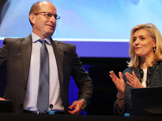 11/5/17: AMP Ceo Craig Meller and chairman Catherine Brenner at the AMP annual meeting at Sydney Town Hall. John Feder/The Australian