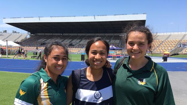 At the 2018 state titles, Lyvante Su'emai, middle, is flanked by Amazing Raeli, left, and Tenealle Fasala who is now a Queensland Thunder water polo player.