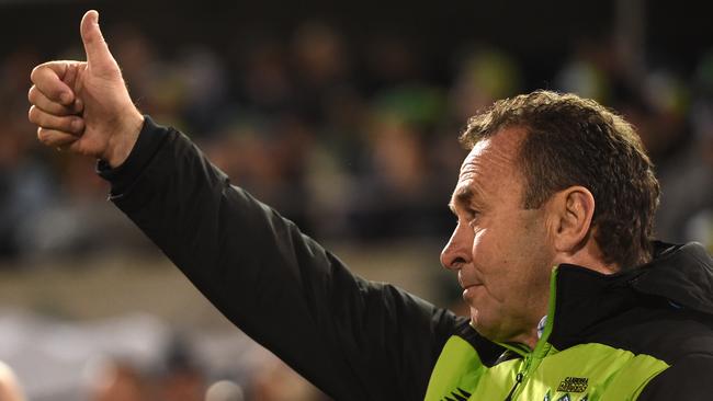 Raiders Coach Rick Stuart gestures during the round 23 NRL match between the Canberra Raiders and the Melbourne Storm at GIO Stadium in Canberra, Monday, Aug. 15, 2016. AAP Image/Mick Tsikas) NO ARCHIVING, EDITORIAL USE ONLY